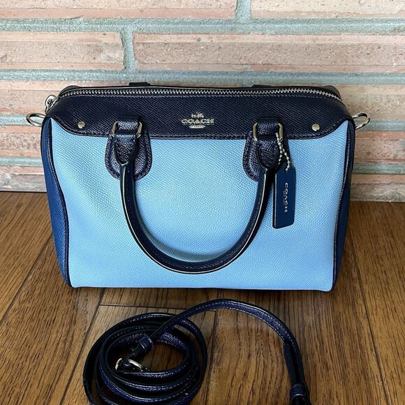 Coach Mini Bennett Satchel Crossbody Bag Blue Geometric Colorblock Leather - Picture 1 of 10